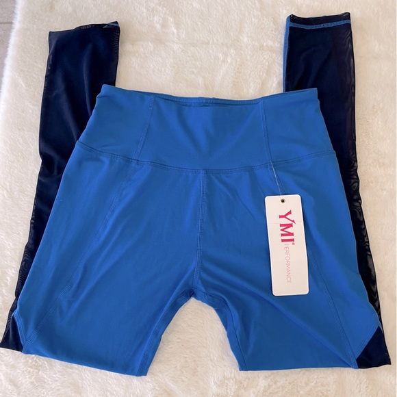 YMI Performance Leggings, Princess Blue with navy blue mesh inserts, NWT, L - Picture 5 of 5